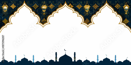Tableau sur toile Islamic architecture silhouette with mosque and decorative lanterns