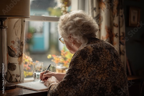 Elderly woman writing in a cozy room personal reflection home environment intimate viewpoint