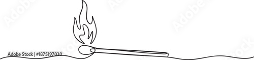 Continuous single line drawing of a lit matchstick symbolizing ignition warmth and beginning process, minimalist vector illustration