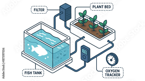 An infographic illustration of a fish tank and plant bed system