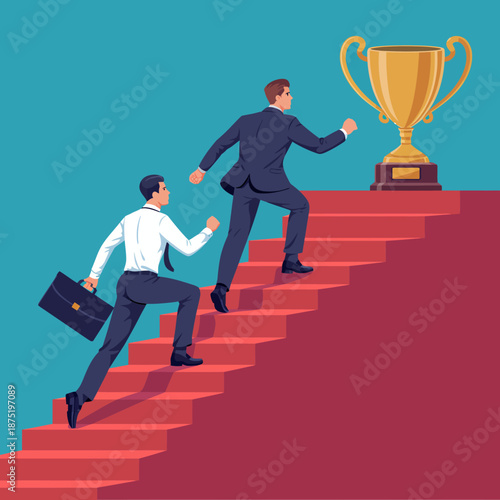 The image illustrates two businessmen racing up a staircase towards a large golden trophy, symbolizing ambition, success, and competition in the corporate world.