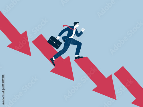 An impactful illustration captures a businessman in a suit running downward on a graph, symbolizing a financial crisis, challenges, and the struggle for success.