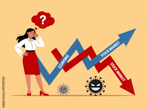 This illustration highlights an analytical view of stock market fluctuations, portraying economic challenges and reflections through visual data representation and thought.