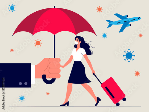 A traveler carrying a suitcase walks under a protective umbrella, symbolizing safety and precautions during the COVID-19 pandemic and travel preparedness.