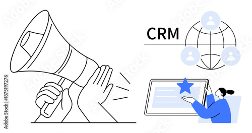 Marketing, customer engagement, CRM systems, business communication, user experience, team collaboration. Image shows megaphone, a CRM network and a person pointing at a tablet. Marketing