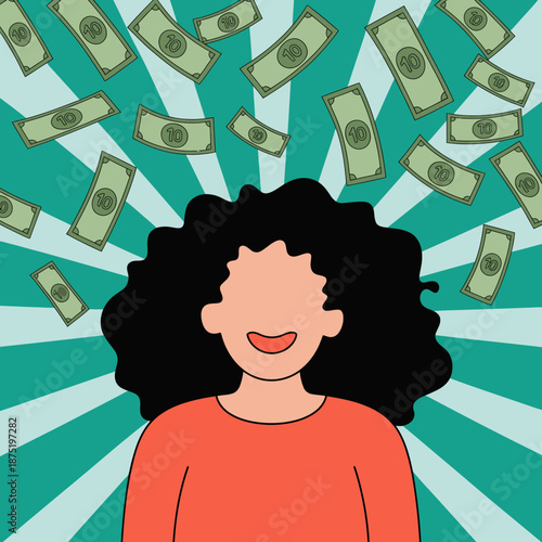 A joyful individual is depicted amidst a flurry of dollar bills, representing success, wealth, and happiness, encapsulating the thrill of financial freedom and abundance in life.