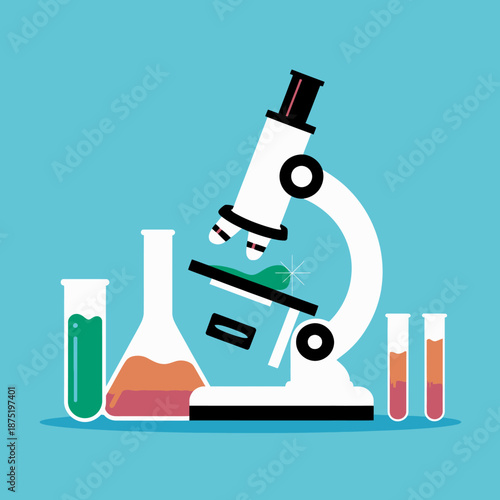 A sleek microscope stands prominently beside colorful test tubes filled with liquids, showcasing a scientific theme rich in exploration and discovery in a modern design.