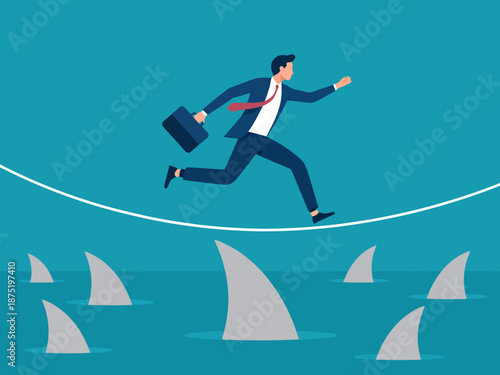 A business professional is depicted balancing precariously on a tightrope above a sea populated with shark fins, emphasizing risk-taking in a corporate environment.