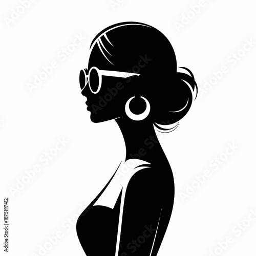 An elegant silhouette of a woman wearing stylish sunglasses captures sophistication and beauty, exuding a sense of fashion and modernity in a minimalist black and white design.