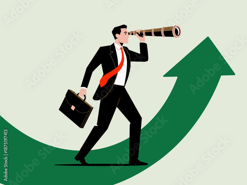 A businessman with a briefcase peers through a telescope, symbolizing vision and ambition, as he gazes towards a promising future depicted by an upward arrow.