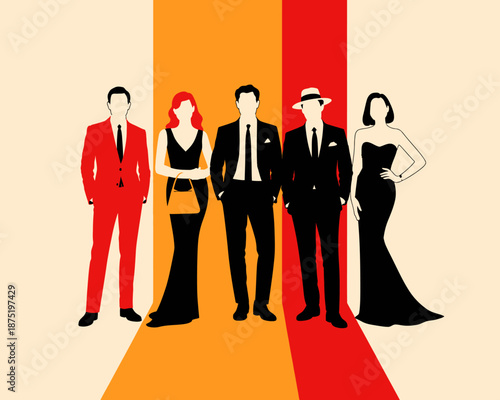 A group of stylishly dressed silhouettes stands confidently against a vibrant backdrop, representing diversity, fashion, and the power of personal style in modern society.