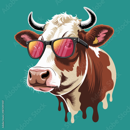 A cartoon-style cow wearing sunglasses embodies a playful and modern spirit, illustrating the fun and quirky side of farm life and challenging traditional animal imagery.