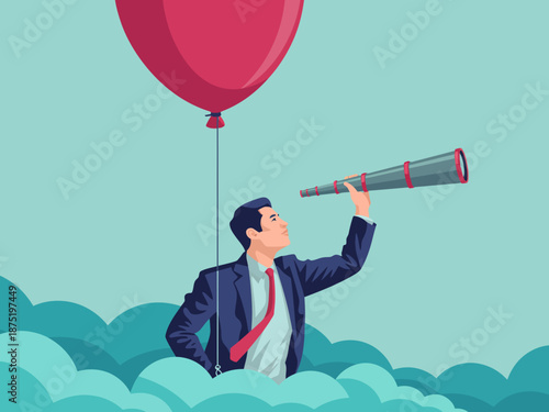 This whimsical illustration depicts a businessman holding a telescope while floating in the clouds with a balloon, symbolizing vision, ambition, and creativity in business.