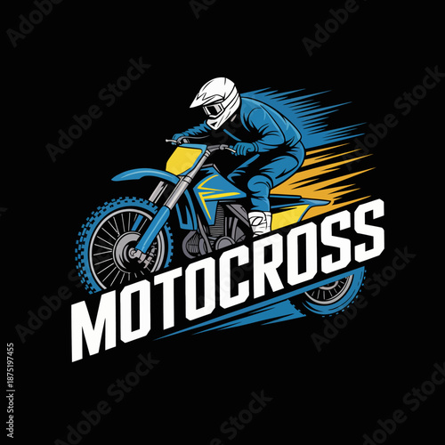 A creative motocross logo showcases an energetic rider on a motorcycle, perfectly capturing the thrill and excitement of extreme sports and racing culture.