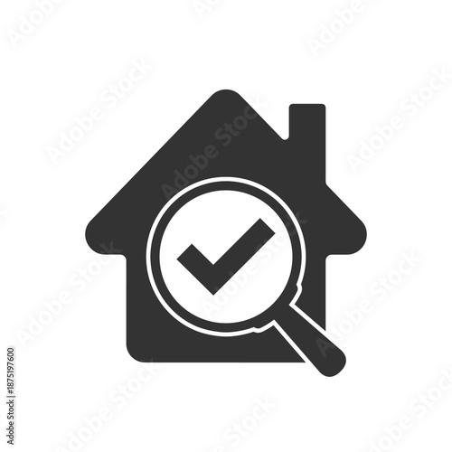 Magnifier glass on house graphic icon. Symbol of real estate searching and selection. Sign isolated on white background. Vector illustration