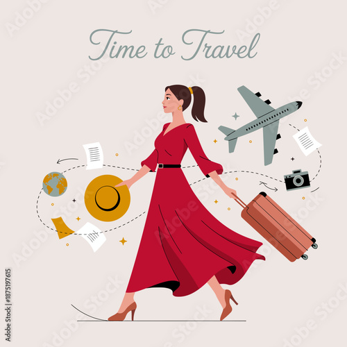 Konstfotografi A fashionable woman in a red dress is depicted walking confidently with a suitcase, representing the joy of travel, adventure, and exploration in a modern setting
