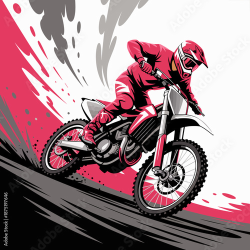 A vibrant illustration of a motocross rider skillfully maneuvering through dynamic terrain, showcasing energy and adrenaline in a lively and colorful style.