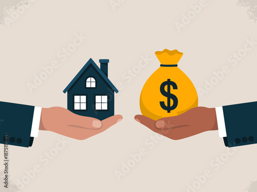 A conceptual illustration showcasing the exchange between a house and money, reflecting the essential aspects of real estate transactions and human aspirations in a modern context.