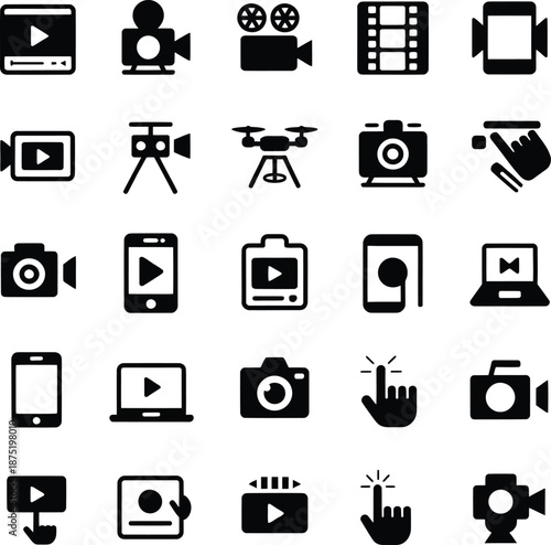 Vector icons set featuring media tools like cameras, drones, smartphones, and playback symbols for creative UI design.