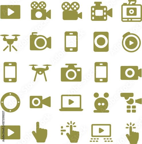 Vector icons set for video recording, media playback, tech devices, drones, and interactive user interface elements.