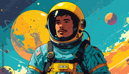 Astronaut in Space Suit with Planets in the Background.