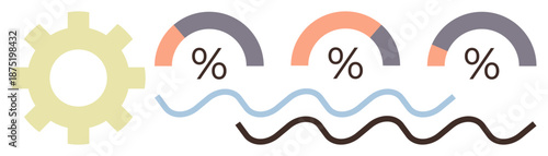 Data analysis, business intelligence, performance monitoring, statistical comparison, process efficiency, and metrics tracking. Gear, percentage gauges and wave patterns. Data analysis and business