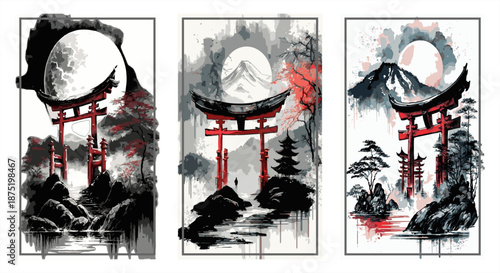 Set of three artistic Japanese posters featuring red Torii gates and Mount Fuji in a traditional ink wash painting style. Elegant vector illustrations for modern Asian-themed decor