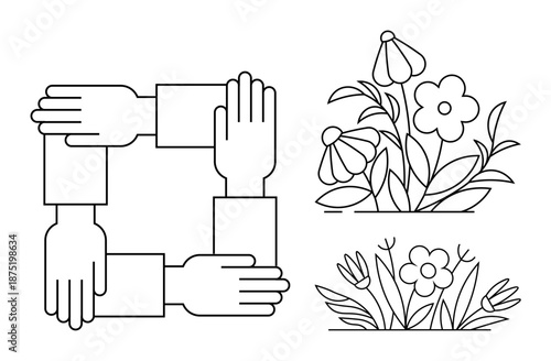 Community, teamwork, interconnectedness, nature conservation, eco awareness, mutual care. Four hands forming a square and floral patterns. Community and nature conservation symbolism