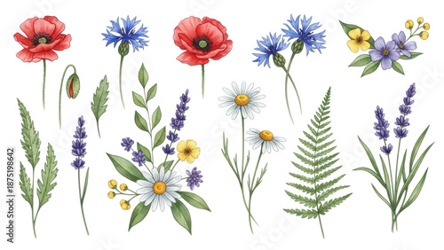 Flowers and leaves set, floral watercolor illustration for greeting card, invitation and other printing design. Isolated on white. Wild flowers hand drawing.