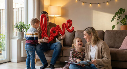 Happy young family celebrating Valentine's Day at home with red love balloon in cozy living room