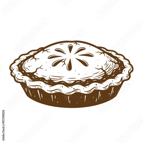 Drawing Vintage A brown and white illustration of a pie with a crimped crust and decorative top  pastry dessert