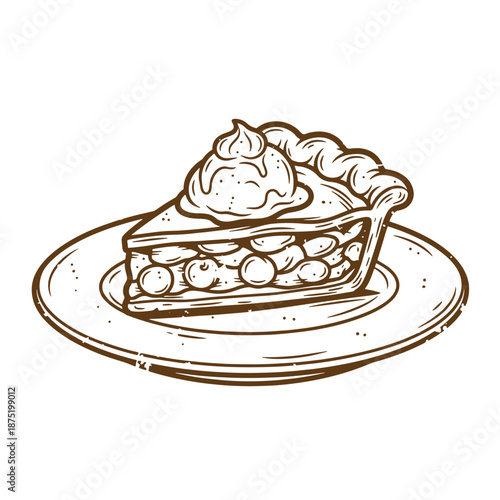 Drawing Vintage A slice of pie with whipped cream on top served on a plate