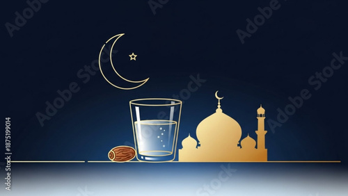 Ramadan Iftar concept glass of water and date with mosque silhouette Islamic crescent moon and star golden design