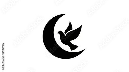 Dove flying from crescent moon symbol of peace and hope minimalist vector illustration on white background