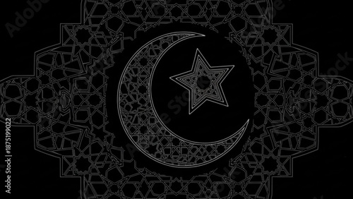 Islamic crescent moon and star symbol ornate geometric pattern traditional cultural motif for Ramadan and Eid cel
