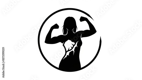 Silhouette of a strong woman flexing biceps fitness logo concept isolated on white background
