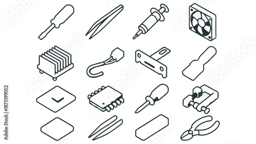 A collection of various tools and electronics components on a white background