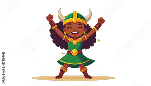 Enthusiastic Cartoon Viking Girl Celebrating with Arms Raised.