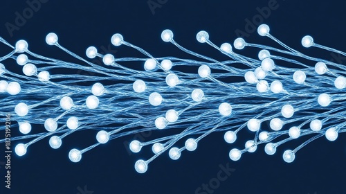 Numerous luminous blue spheres linked by intricate branching lines against a deep blue background