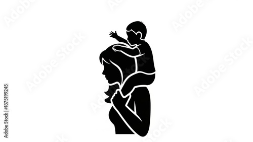 Mother carrying child on shoulders silhouette illustration for family concept isolated on white background