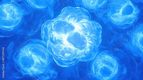 Abstract blue glowing fractal shapes resemble illuminated microscopic cells or energetic organic forms