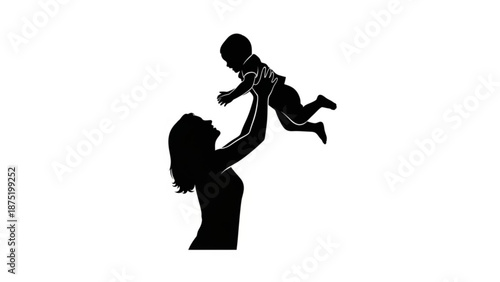Mother lifting baby silhouette joyful family moment simple vector illustration for design on white background