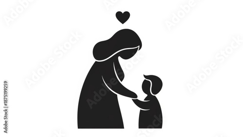 Mother and child silhouette loving embrace with heart symbol family concept for greeting cards and design