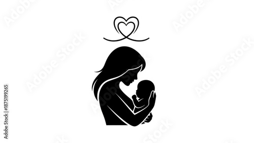 Mother holding baby silhouette love heart symbol family concept isolated on white background