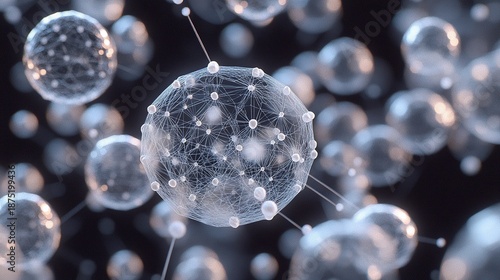 Interconnected molecular structure with glowing spheres and connecting lines in a close up view