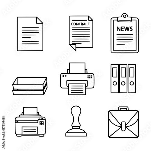 Monoline black office icons vector set illustration isolated on white