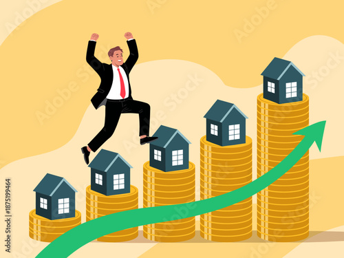 An inspiring illustration of a businessman celebrating success while leaping over stacks of coins and houses, symbolizing ambition and success in real estate investments.