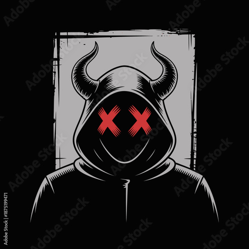 This striking illustration depicts a mysterious figure cloaked in darkness with horns, featuring a stark color contrast that evokes feelings of intrigue and suspense.