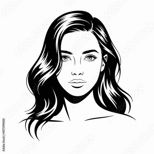 A captivating black and white illustration of a woman with flowing hair, emphasizing elegance and beauty, perfect for fashion, beauty, and art representations.