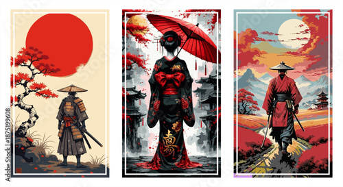 Set of three artistic posters featuring traditional Japanese themes, including a samurai under a red sun, a geisha with an umbrella, and a ronin walking through a mountain landscape